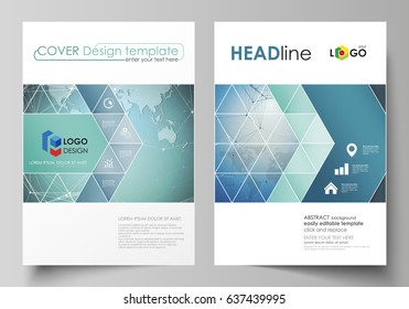 The vector illustration of the editable layout of two A4 format covers with triangles design templates for brochure, flyer, booklet. Chemistry pattern, connecting lines and dots. Medical concept.