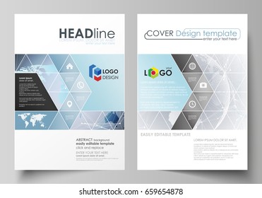 The vector illustration of the editable layout of two A4 format covers with triangles design templates for brochure, flyer, booklet. Technology concept. Molecule structure, connecting background.