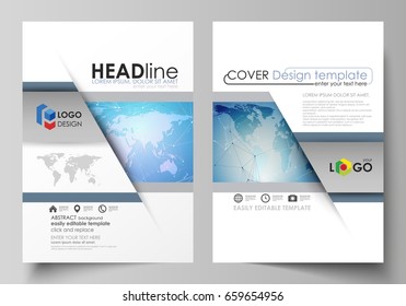 The vector illustration of the editable layout of two A4 format modern covers design templates for brochure, magazine, flyer, report. World map on blue, geometric technology design, polygonal texture.
