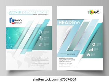 The vector illustration of the editable layout of two A4 format modern covers design templates for brochure, magazine, flyer, report. Chemistry pattern. Molecule structure. Medical, science background