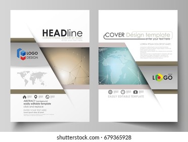 The vector illustration of the editable layout of two A4 format modern covers design templates for brochure, magazine, flyer, report. Chemistry pattern with molecule structure. Medical DNA research.