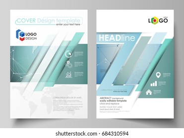 The vector illustration of the editable layout of two A4 format modern covers design templates for brochure, magazine, flyer, report. Chemistry pattern, connecting lines and dots. Medical concept.