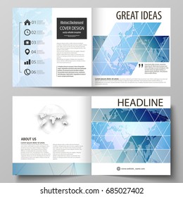The vector illustration of the editable layout of two covers templates for square design bi fold brochure, magazine, flyer, booklet. World map on blue, geometric technology design, polygonal texture