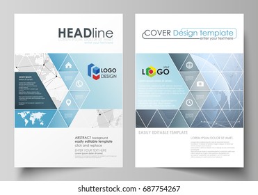 The vector illustration of the editable layout of two A4 format covers with triangles design templates for brochure, flyer, booklet. World globe on blue. Global network connections, lines and dots.