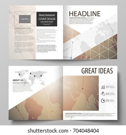 The vector illustration of the editable layout of two covers templates for square design bi fold brochure, magazine, flyer, booklet. Global network connections, technology background with world map