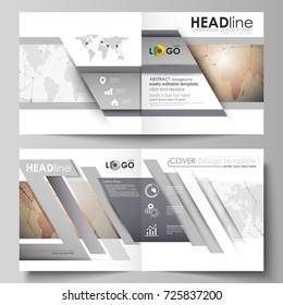 The vector illustration of the editable layout of two covers templates for square design bi fold brochure, magazine, flyer, booklet. Global network connections, technology background with world map.