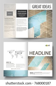 The vector illustration of the editable layout of two A4 format modern cover mockups design templates for brochure, flyer, booklet. Chemistry pattern with molecule structure. Medical DNA research.