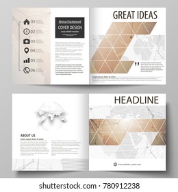 The vector illustration of the editable layout of two covers templates for square design bi fold brochure, magazine, flyer, booklet. Global network connections, technology background with world map.