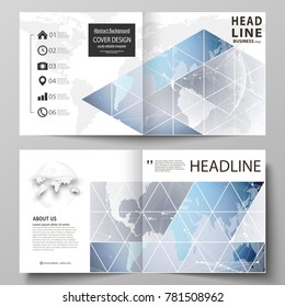 The vector illustration of the editable layout of two covers templates for square design bi fold brochure, magazine, flyer, booklet. Technology concept. Molecule structure, connecting background.