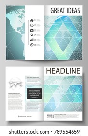 The vector illustration of the editable layout of two A4 format modern cover mockups design templates for brochure, magazine, flyer. Chemistry pattern, molecule structure, geometric design background.