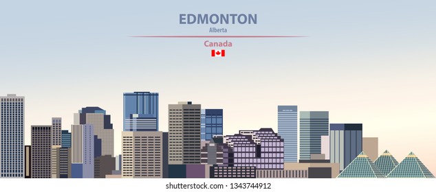 Vector Illustration Of Edmonton City Skyline On Colorful Gradient Beautiful Day Sky Background With Flag Of Canada