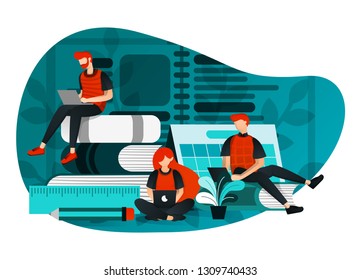 vector illustration of education 4.0, learning industry revolution, study at internet. group of people studying using laptop, latest learning technology, cartoon flat character. flat cartoon character