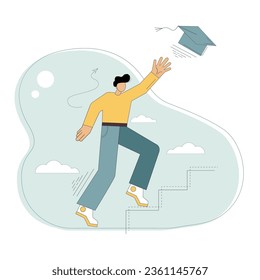 Ilustración vectorial. Educación. Compromiso con la educación. Cursos de capacitación. Un hombre sube los escalones en busca de la gorra del maestro