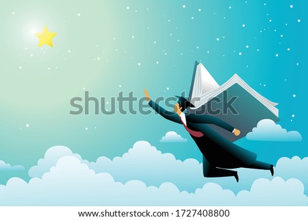 vector illustration of education concept, a flying bachelor witn books wings to get his dream