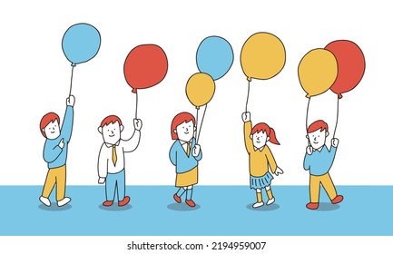 Vector illustration of education concept. Happy students gathering with air balloons.