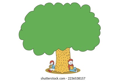 Ilustración vectorial del concepto educativo. Leyendo libro bajo el árbol grande.