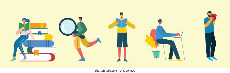 Vector illustration of the education concept.Different student characters who study in school or university