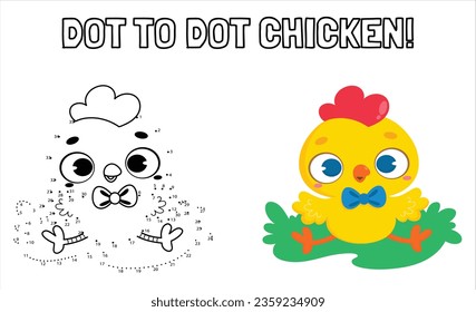 Vector Illustration of Education dot to dot game - Chick. Numbers game, education dot to dot game for children, Chicken. Connect The Dots and Draw Cute Cartoon Chicken. Educational Game for Kids. 72
