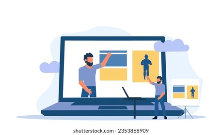 Vector illustration education drawing online concept student teaching. Graphic background cartoon training design. Internet learning creative course knowledge. Trendy webinar on distance video tutor