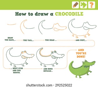 Vector Illustration. Education Game for Children. How to draw a crocodile.