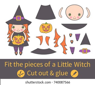 Vector illustration: education game for kids. Cut out parts of the  Little Witch. Combine them correctly and glue the details to create the image. For your Halloween holiday pastime.