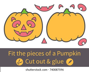 Vector illustration: education game for kids. Cut out parts of the Carved Pumpkin. Combine them correctly and glue the details to create the image. For your Halloween holiday pastime.