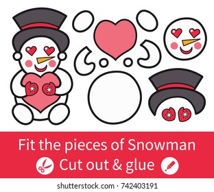 Vector illustration: education game for kids - cut out parts of the Little Snowman using scissors. Combine them correctly and glue the details to create an image. For your Christmas holiday pastime.