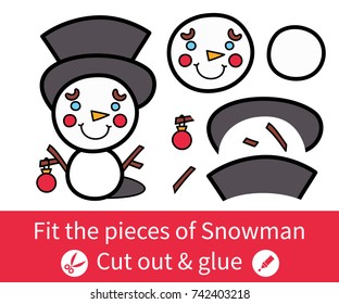 Vector illustration: education game for kids - cut out parts of the Little Snowman using scissors. Combine them correctly and glue the details to create an image. For your Christmas holiday pastime.