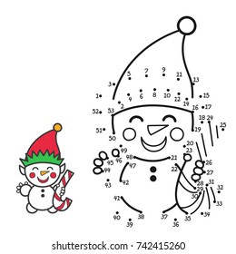 Vector illustration: education game for kids "connect the numbers and color the Snowman" isolated on white background. For your Christmas holiday pastime.