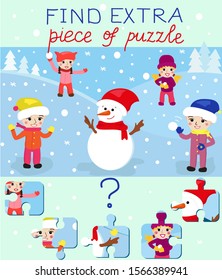 Vector Illustration. Education Game For Preschool Kids. Children S Education Find Extra Puzzle, Which Doesn't Fit To Picture. Christmas, Snowman, Playing Kids, Winter