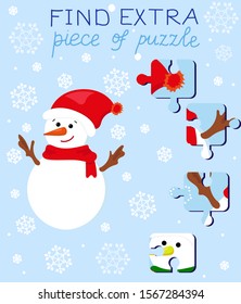 Vector Illustration. Education Game For Preschool Kids. Children S Education Find Extra Puzzle, Which Doesn't Fit To Picture. Child Who Decorates A Christmas Tree In The Forest With A Snowman