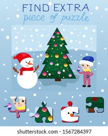 Vector Illustration. Education Game For Preschool Kids. Children S Education Find Extra Puzzle, Which Doesn't Fit To Picture. Child Who Decorates A Christmas Tree In The Forest With A Snowman