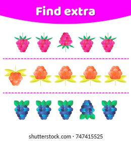 Vector illustration. Education game for preschool kids. Find extra object in sequence row. Berries.  