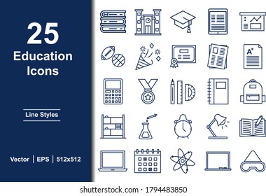 Vector illustration of education icons with line styles for college, university, school related. Consists of icons such as books, science, stationary, exam, dormitory. 512x512 pixel.