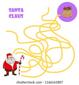 Vector Illustration of Education Labyrinth Game for Preschool Children. Outline Of cartoon Santa Claus with presents. Puzzle. Tangled Road.