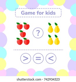 Vector illustration. Education logic game for preschool kids. Choose the correct answer. More, less or equal? apples and pears.