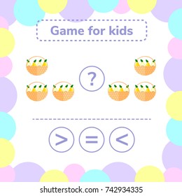 Vector illustration. Education logic game for preschool kids. Choose the correct answer. More, less or equal? basket with pears.