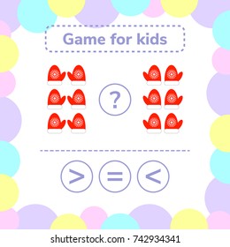 Vector illustration. Education logic game for preschool kids. Choose the correct answer. More, less or equal? red mittens with snowflakes.