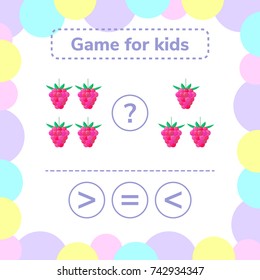 Vector illustration. Education logic game for preschool kids. Choose the correct answer. More, less or equal? raspberry.