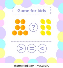 Vector illustration. Education logic game for preschool kids. Choose the correct answer. More, less or equal? oranges and lemons.