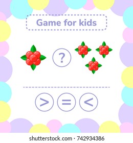 Vector illustration. Education logic game for preschool kids. Choose the correct answer. More, less or equal? stone bramble.