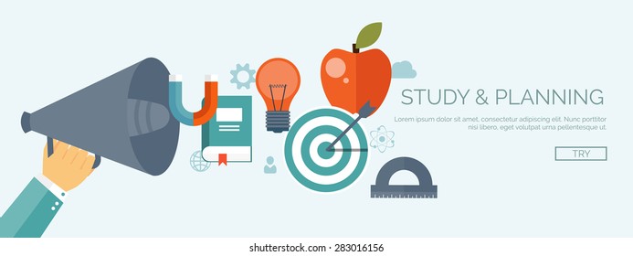 Vector illustration.. Education management and online courses, web tutorials, e-learning. Study and creative process. Power of knowledge. Target, apple, bulb.