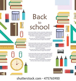 Vector illustration of education object on back to school background. Color supplies school background education concept. Drawing blank template notebook school background equipment.