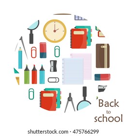 Vector illustration of education object on back to school background. Color supplies school background education concept. Drawing blank template notebook school background equipment.