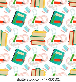 Vector illustration of education object on back to school background. Color supplies school background education concept. Drawing blank template notebook school background equipment.