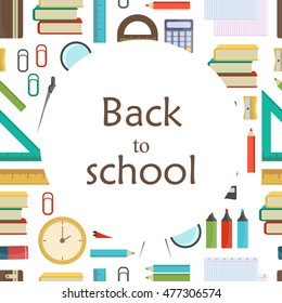 Vector illustration of education object on back to school background. Color supplies school background education concept. Drawing blank template notebook school background equipment.