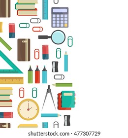 Vector illustration of education object on back to school background. Color supplies school background education concept. Drawing blank template notebook school background equipment.