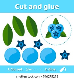 Vector illustration. Education paper game for preschool kids. Use scissors and glue to create the image. forest berry blueberries.