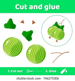 Vector illustration. Education paper game for preschool kids. Use scissors and glue to create the image. Garden berries gooseberries.