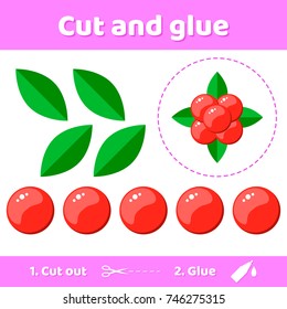 Vector illustration. Education paper game for preschool kids. Use scissors and glue to create the image. forest stone bramble berry.